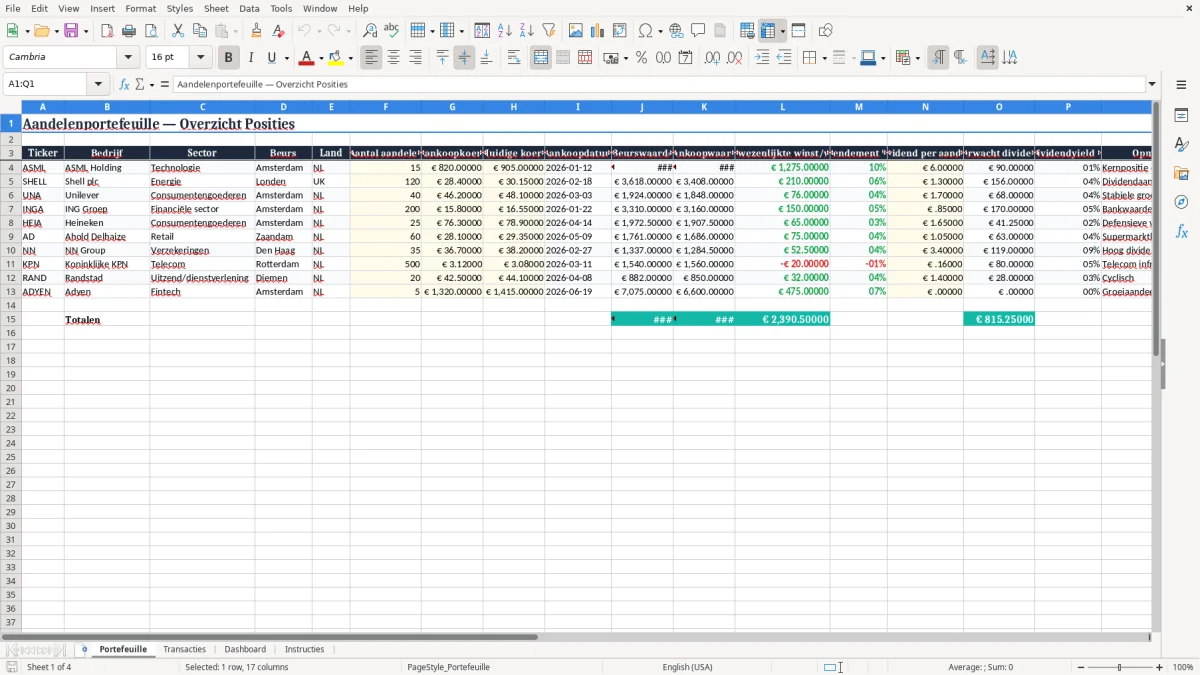 Screenshot 1: tabblad Portefeuille - Excel-sjabloon aandelen portefeuille excel sjabloon