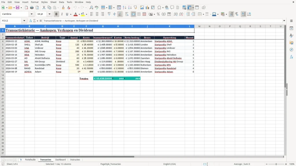 Transacties – Aandelen Portefeuille Excel Sjabloon (2026)