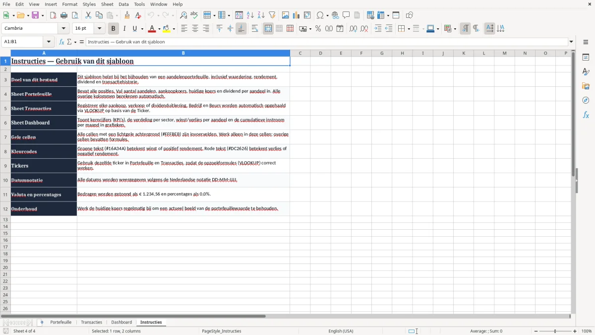 Screenshot 4: tabblad Instructies - Excel-sjabloon aandelen portefeuille excel sjabloon