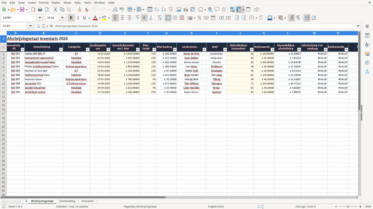 Screenshot 1: tabblad Afschrijvingsstaat - Excel-sjabloon afschrijvingsstaat inventaris excel sjabloon