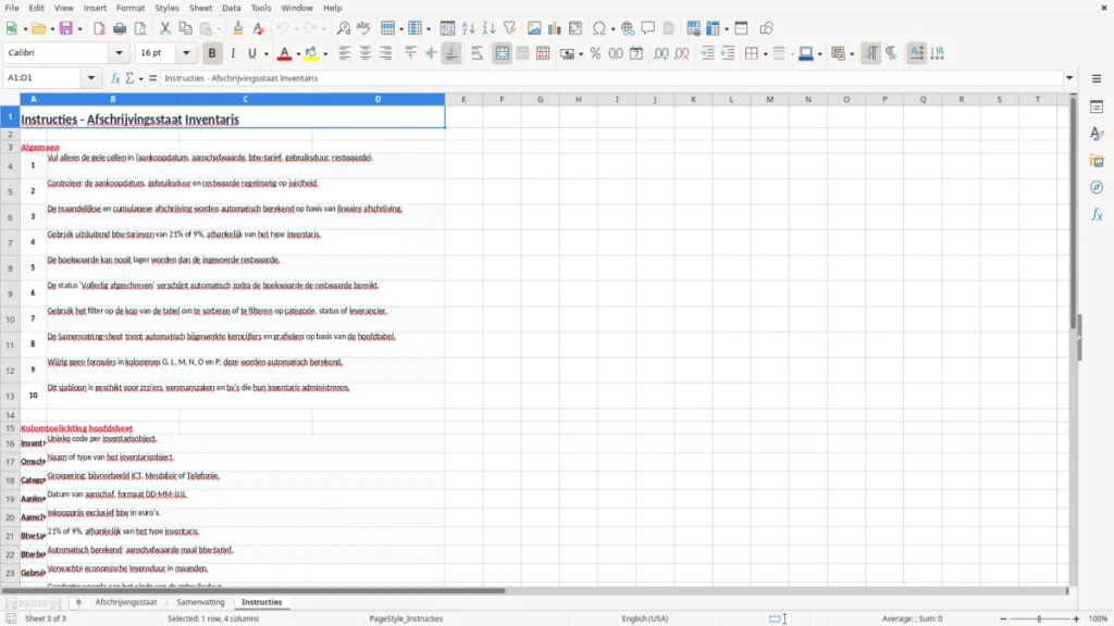 Instructies – Afschrijvingsstaat Inventaris Excel Sjabloon (2026)