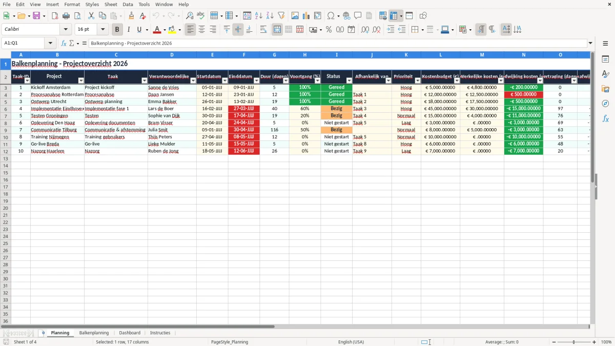 Screenshot 1: tabblad Planning - Excel-sjabloon balkenplanning excel sjabloon