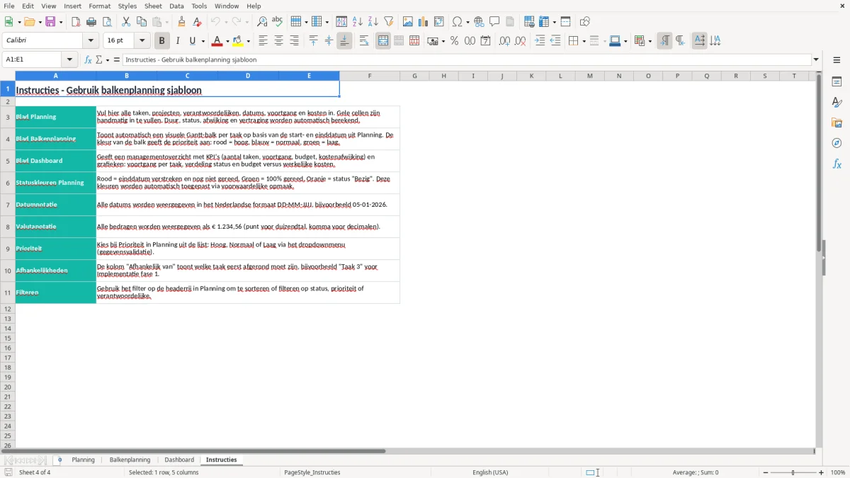 Screenshot 4: tabblad Instructies - Excel-sjabloon balkenplanning excel sjabloon