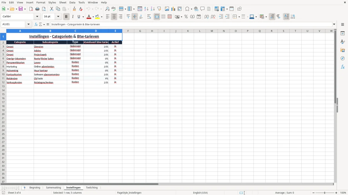 Screenshot 3: tabblad Instellingen - Excel-sjabloon begroting excel sjabloon