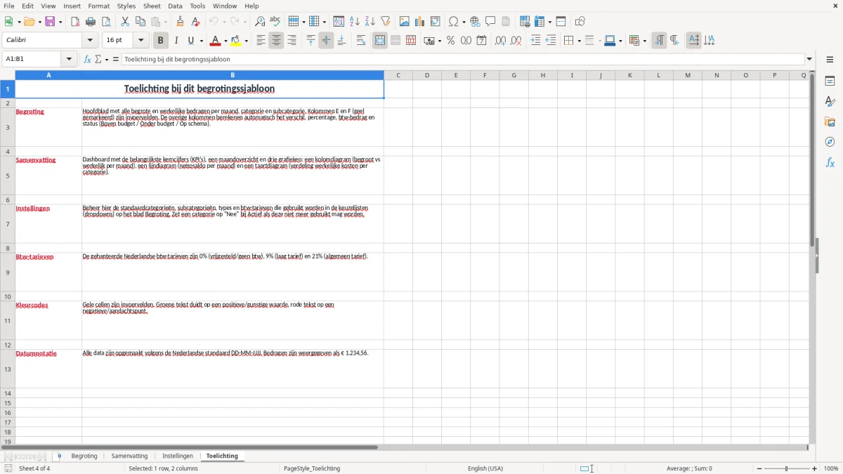 Screenshot 4: tabblad Toelichting - Excel-sjabloon begroting excel sjabloon