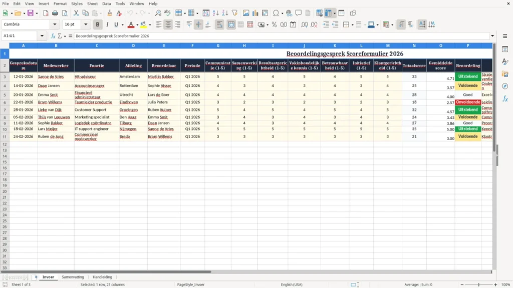Invoer – Beoordelingsgesprek Excel – Gratis Sjabloon (2026)