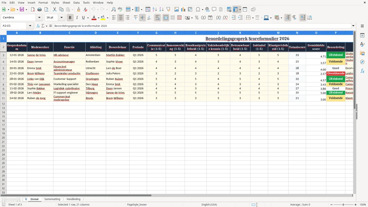 Screenshot 1: tabblad Invoer - Excel-sjabloon beoordelingsgesprek scoreformulier excel sjabloon