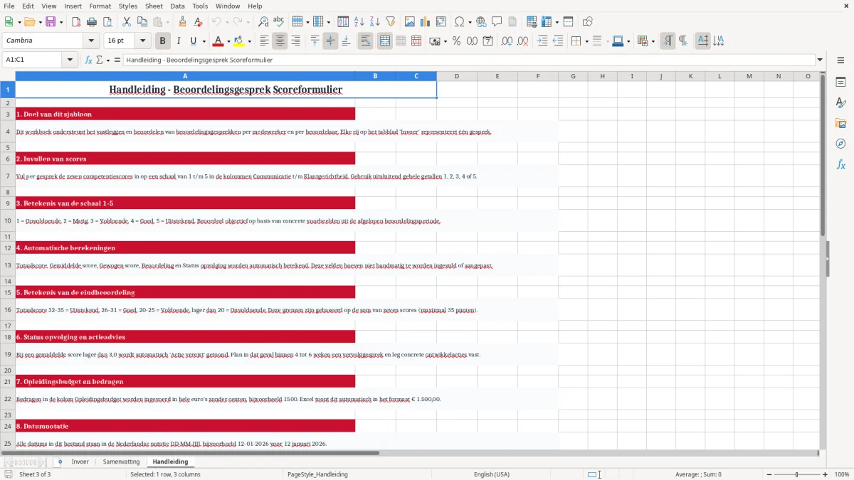 Screenshot 3: tabblad Handleiding - Excel-sjabloon beoordelingsgesprek scoreformulier excel sjabloon