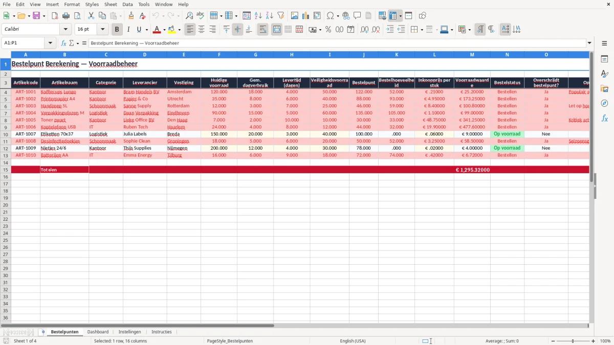 Screenshot 1: tabblad Bestelpunten - Excel-sjabloon bestelpunt berekenen excel sjabloon
