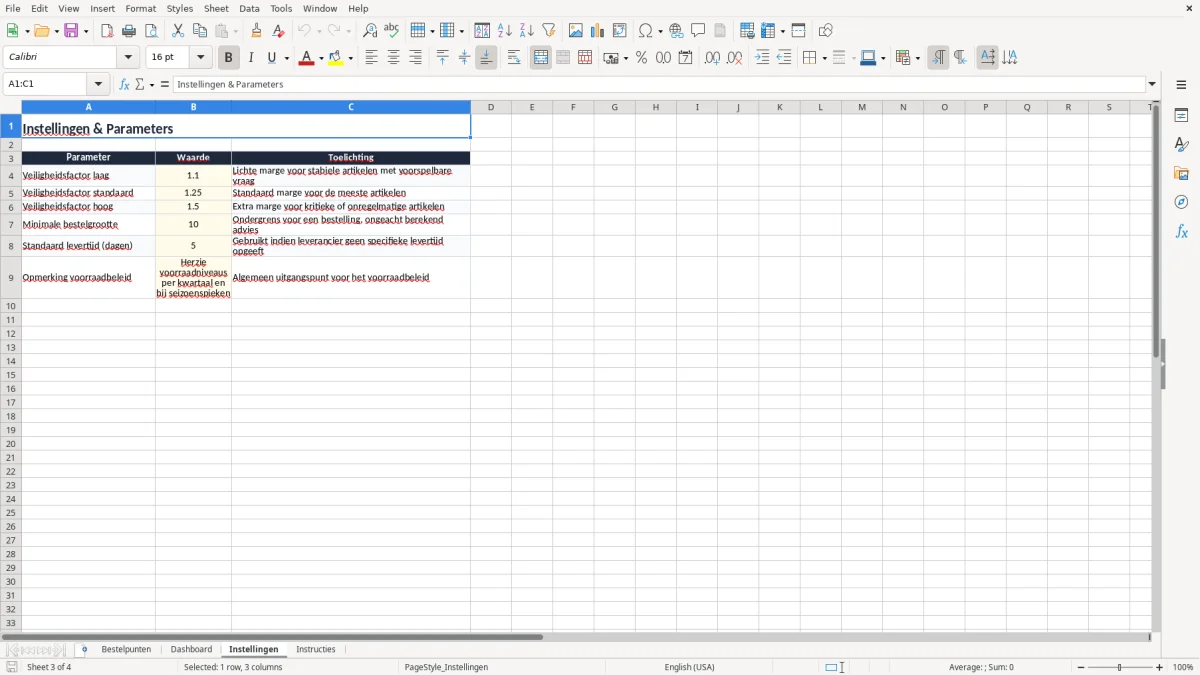 Screenshot 3: tabblad Instellingen - Excel-sjabloon bestelpunt berekenen excel sjabloon