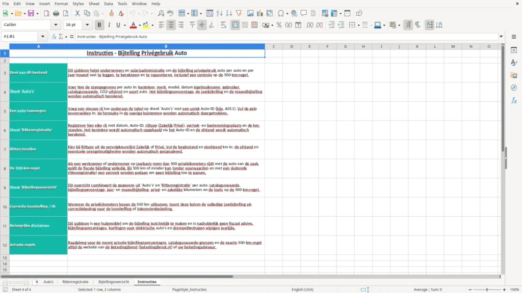 Instructies – Bijtelling Auto Excel – Gratis Sjabloon (2026)
