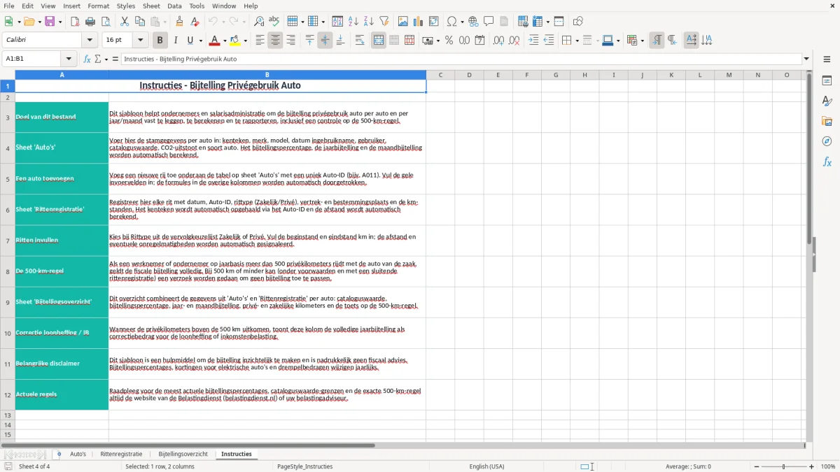 Screenshot 4: tabblad Instructies - Excel-sjabloon bijtelling privégebruik auto excel sjabloon