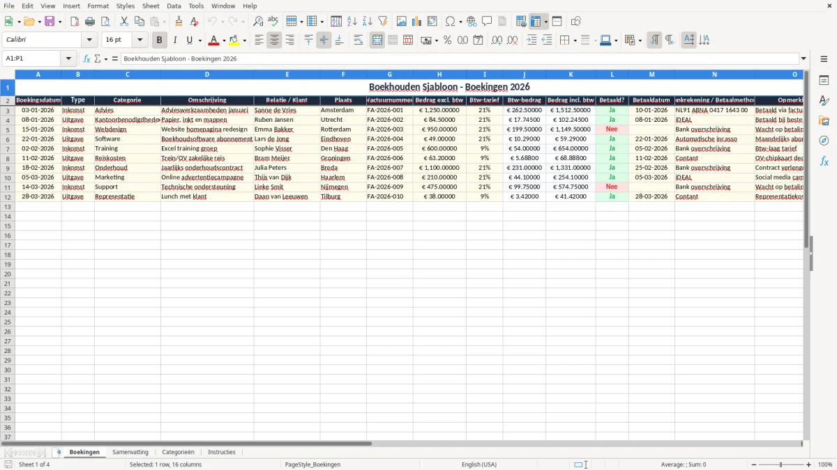 Screenshot 1: tabblad Boekingen - Excel-sjabloon boekhouden in excel sjabloon