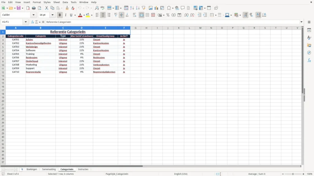 Categorieën – Boekhouden Excel – Gratis Sjabloon (2026)