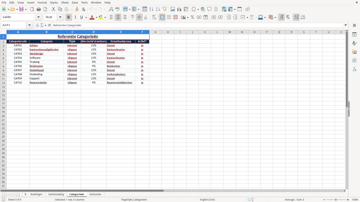 Screenshot 3: tabblad Categorieën - Excel-sjabloon boekhouden in excel sjabloon