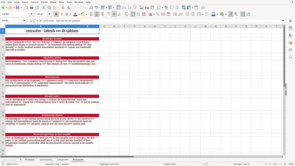Instructies – Boekhouden Excel – Gratis Sjabloon (2026)