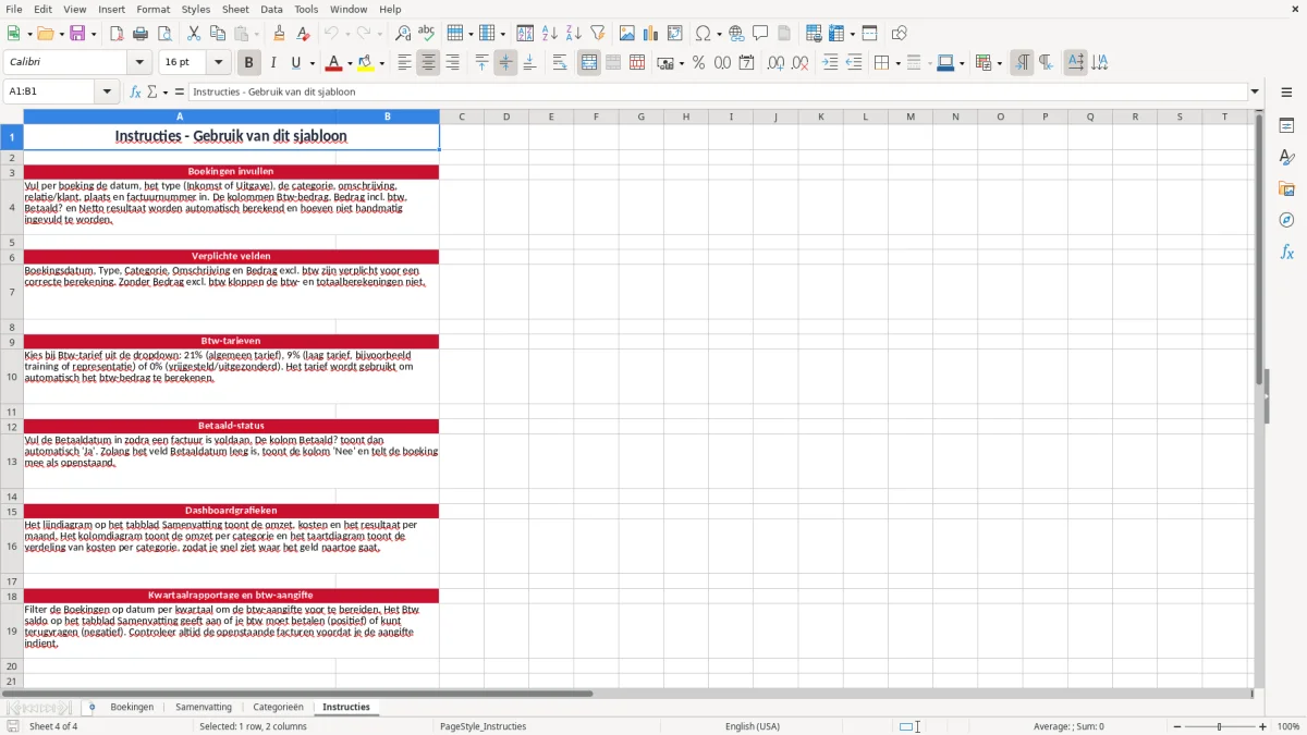Screenshot 4: tabblad Instructies - Excel-sjabloon boekhouden in excel sjabloon