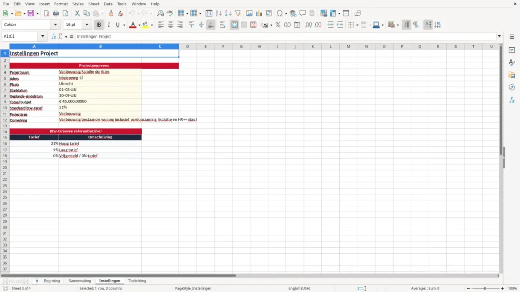 Instellingen – Bouwbegroting Excel – Gratis Sjabloon (2026)