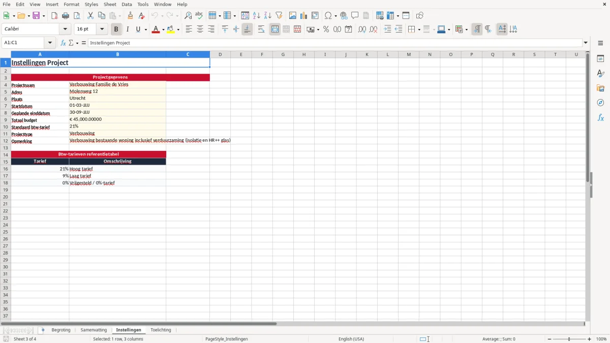 Screenshot 3: tabblad Instellingen - Excel-sjabloon bouwbegroting particulier excel sjabloon