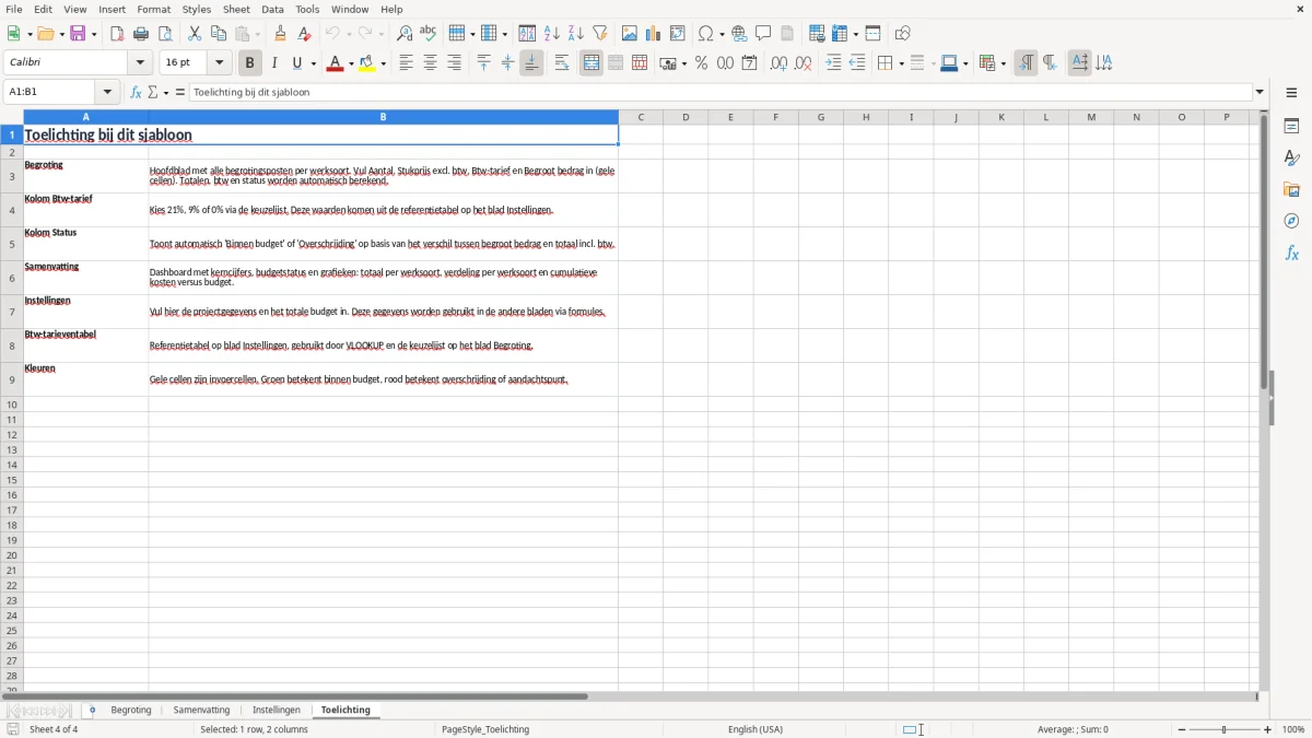 Screenshot 4: tabblad Toelichting - Excel-sjabloon bouwbegroting particulier excel sjabloon