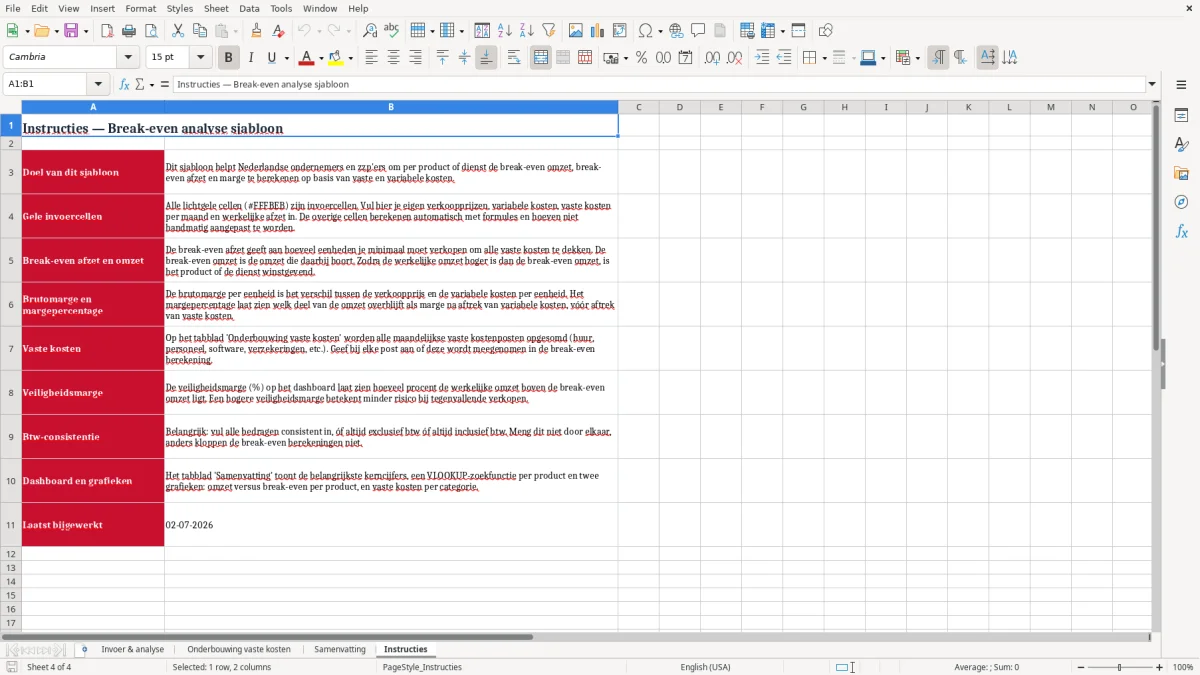 Screenshot 4: tabblad Instructies - Excel-sjabloon break-even analyse excel sjabloon