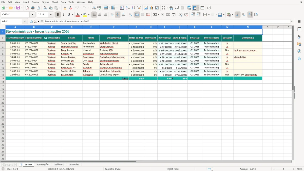 Screenshot 1: tabblad Invoer - Excel-sjabloon btw-aangifte excel sjabloon