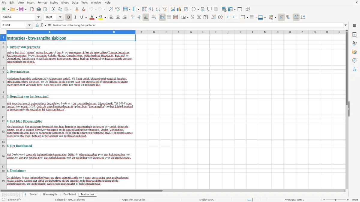 Screenshot 4: tabblad Instructies - Excel-sjabloon btw-aangifte excel sjabloon