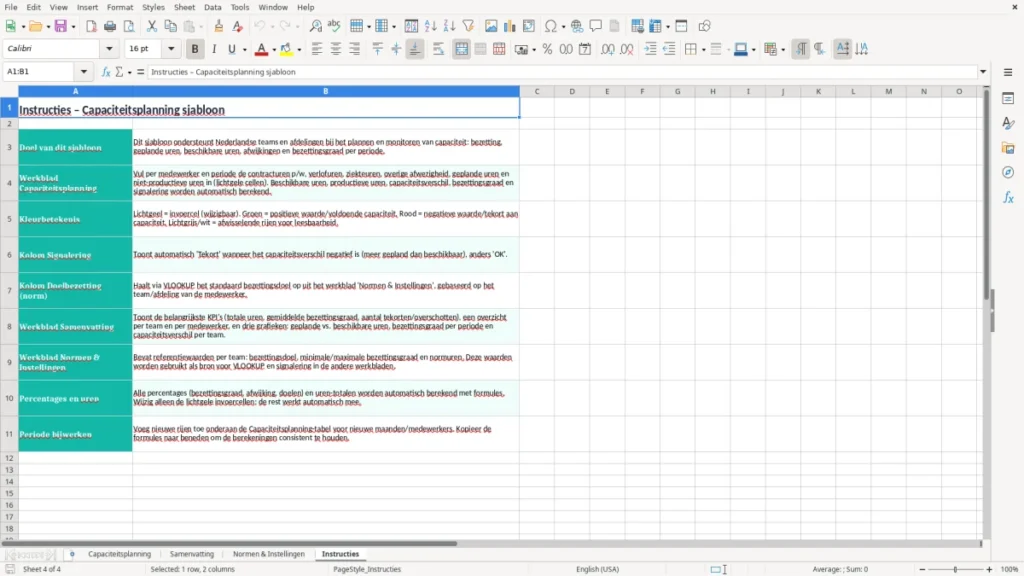 Instructies – Capaciteitsplanning Excel – Gratis Sjabloon (2026)