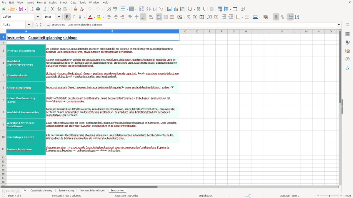Screenshot 4: tabblad Instructies - Excel-sjabloon capaciteitsplanning excel sjabloon