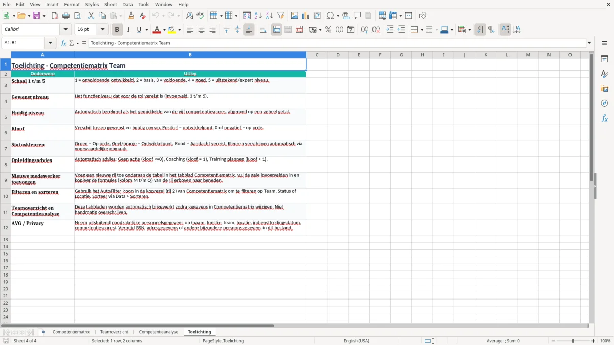Screenshot 4: tabblad Toelichting - Excel-sjabloon competentiematrix team excel sjabloon