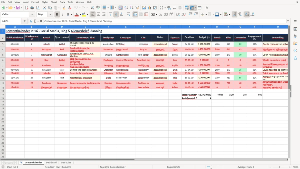 Screenshot 1: tabblad Contentkalender - Excel-sjabloon contentkalender excel sjabloon