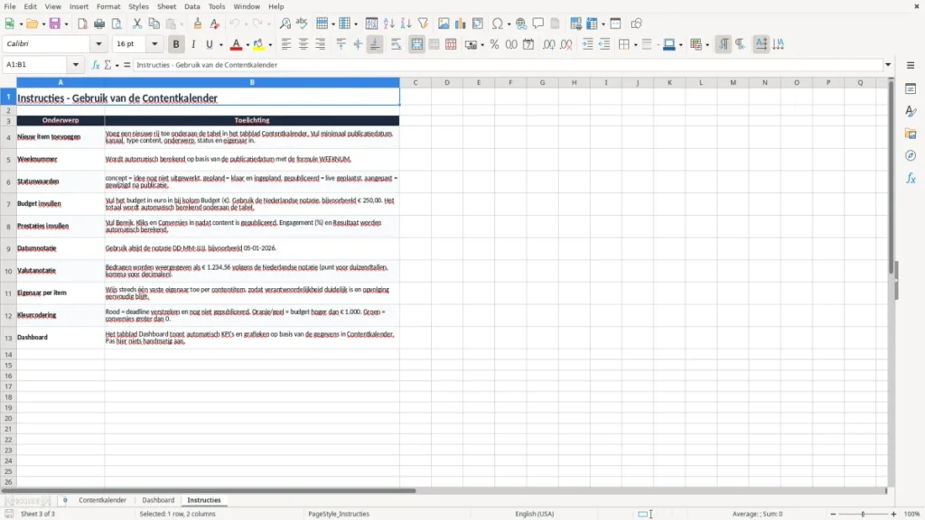 Instructies – Contentkalender Excel – Gratis Sjabloon (2026)