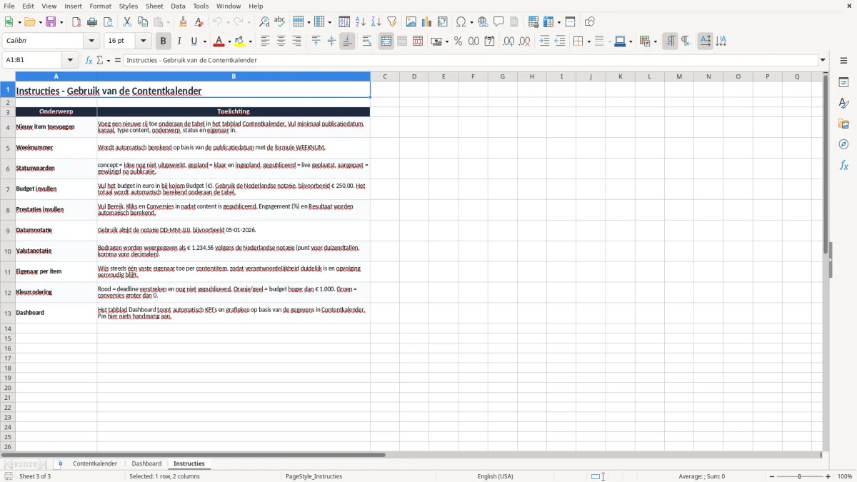 Screenshot 3: tabblad Instructies - Excel-sjabloon contentkalender excel sjabloon