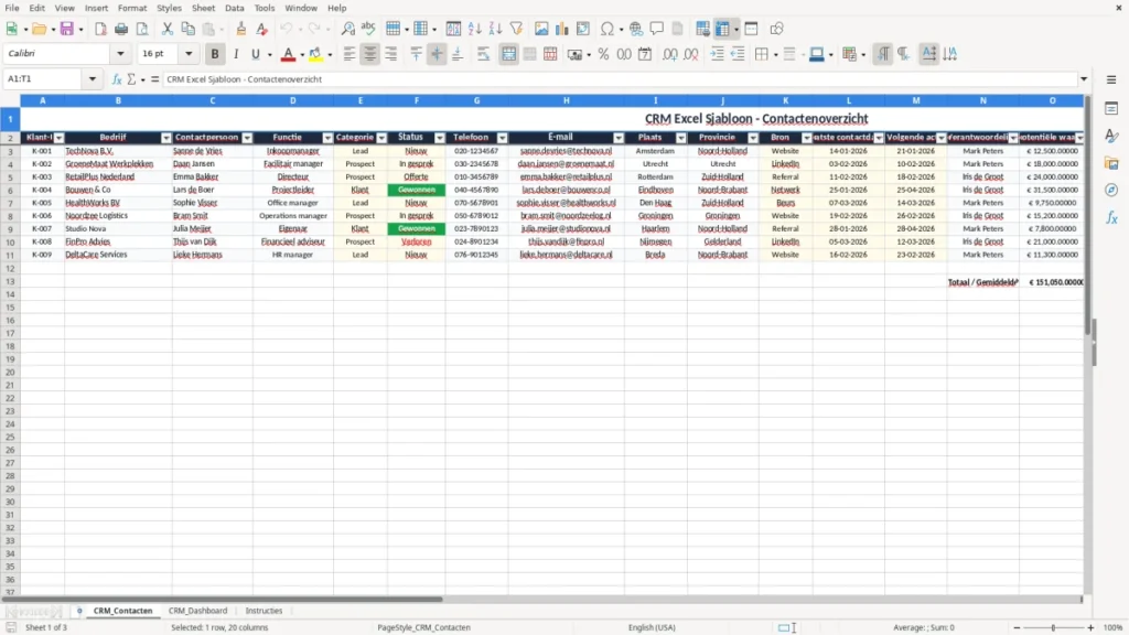CRM_Contacten – CRM Excel Sjabloon – Gratis Sjabloon (2026)