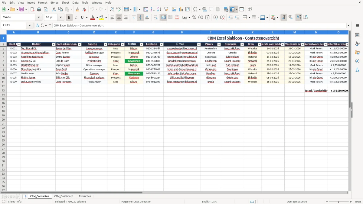 Screenshot 1: tabblad CRM_Contacten - Excel-sjabloon crm excel sjabloon