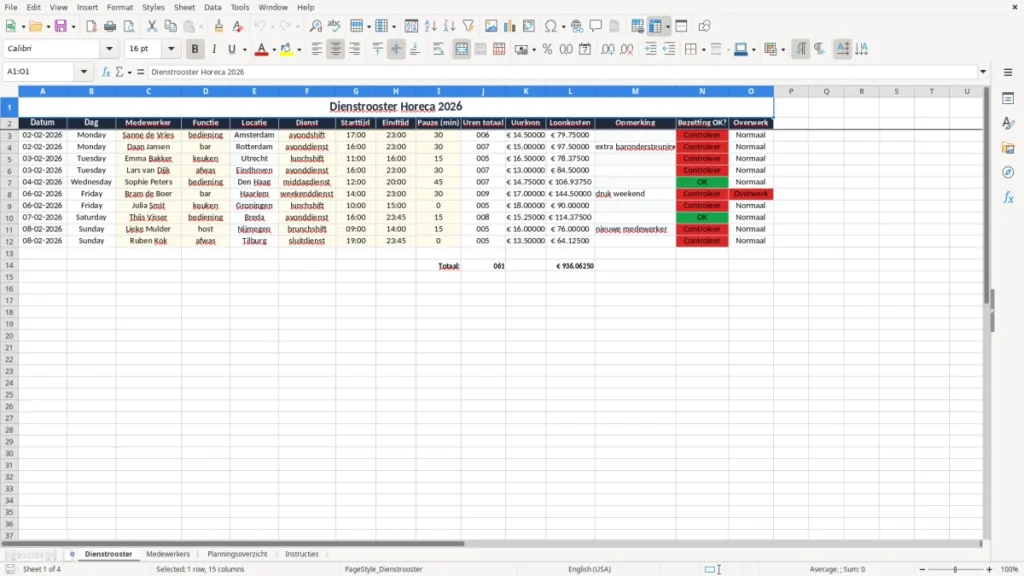 Dienstrooster – Dienstrooster Horeca Excel – Sjabloon (2026)