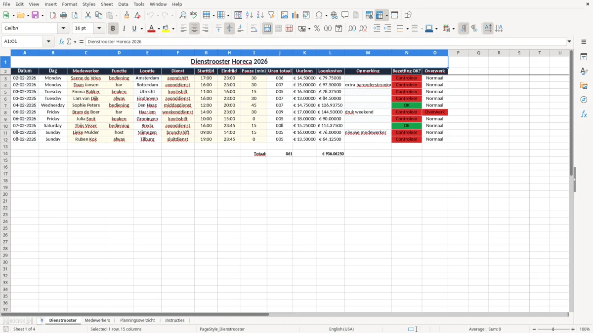 Screenshot 1: tabblad Dienstrooster - Excel-sjabloon dienstrooster horeca excel sjabloon