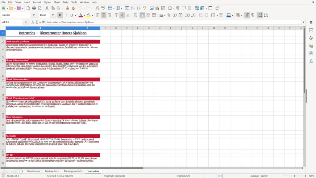 Instructies – Dienstrooster Horeca Excel – Sjabloon (2026)