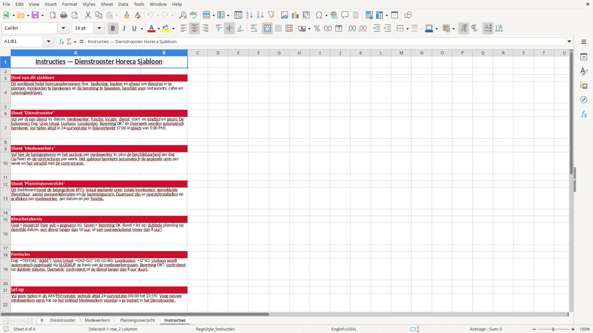 Screenshot 4: tabblad Instructies - Excel-sjabloon dienstrooster horeca excel sjabloon