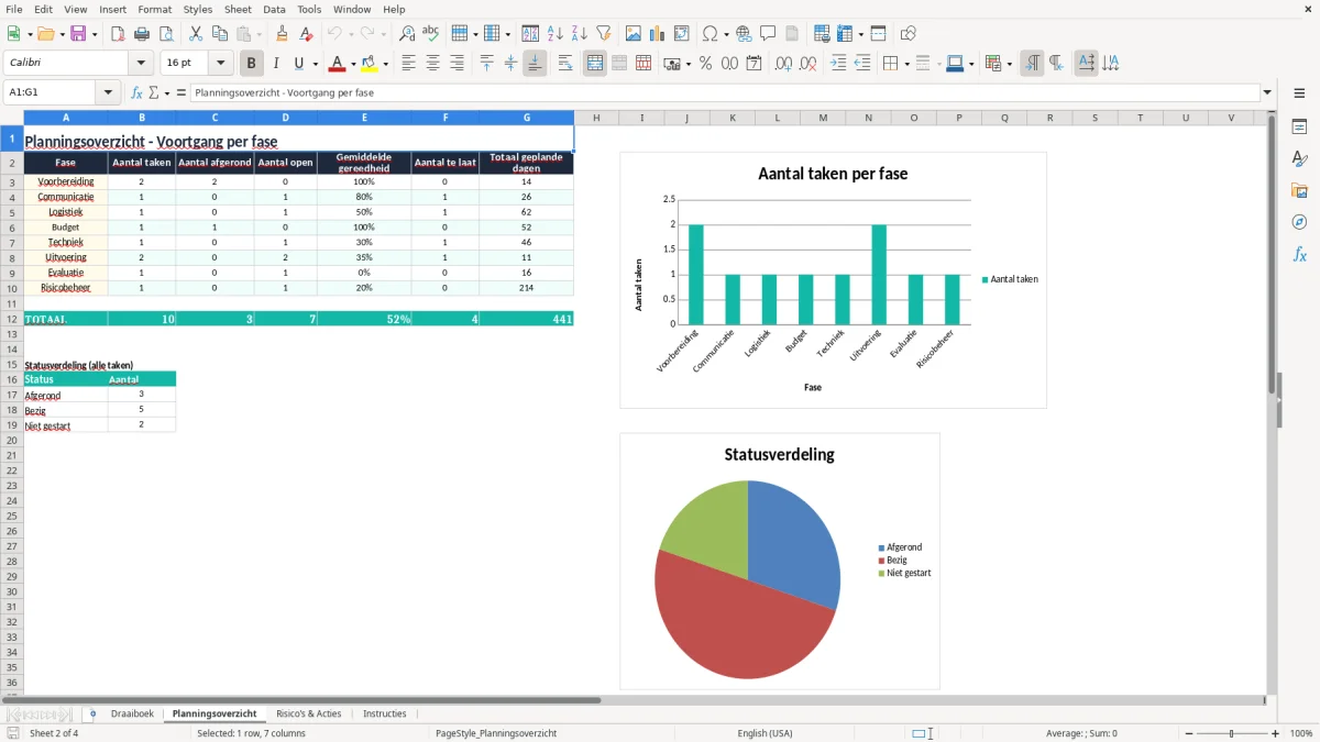 Screenshot 2: tabblad Planningsoverzicht - Excel-sjabloon draaiboek excel sjabloon