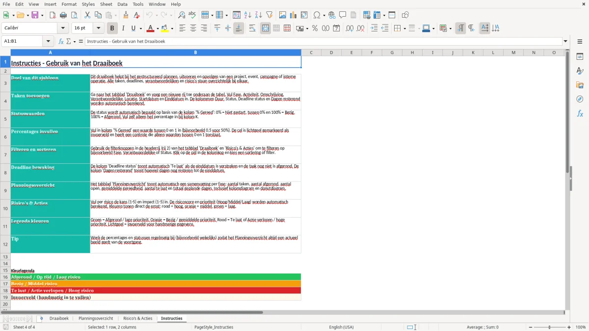 Screenshot 4: tabblad Instructies - Excel-sjabloon draaiboek excel sjabloon
