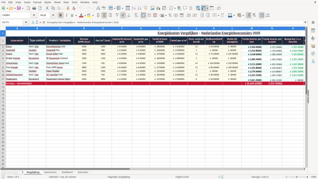 Vergelijking – Energiekosten Excel – Gratis Sjabloon (2026)