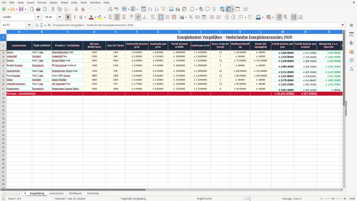 Screenshot 1: tabblad Vergelijking - Excel-sjabloon energiekosten vergelijken excel sjabloon