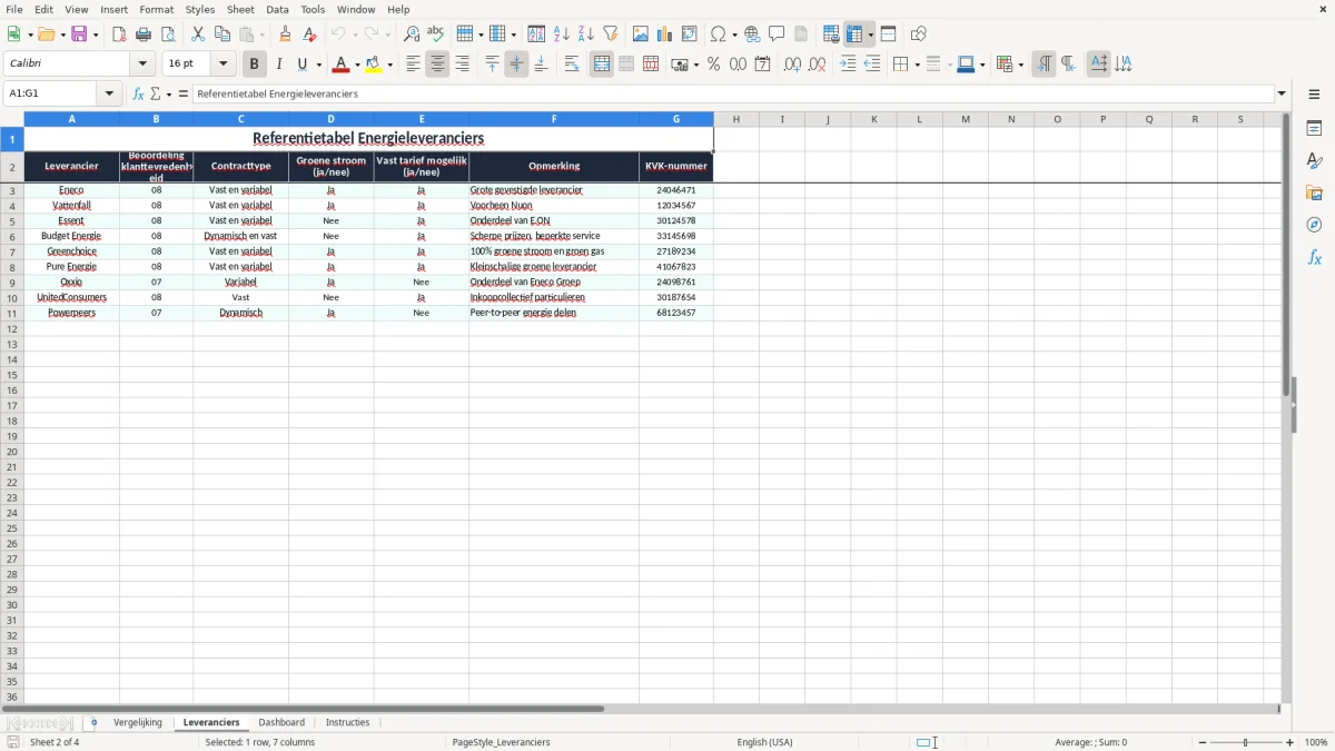 Screenshot 2: tabblad Leveranciers - Excel-sjabloon energiekosten vergelijken excel sjabloon