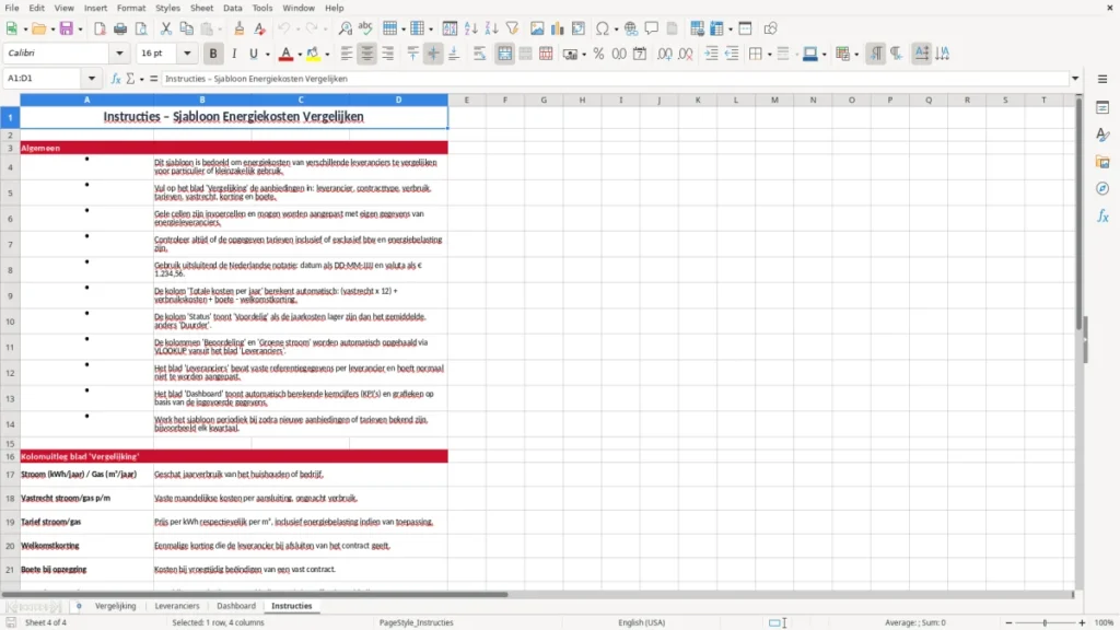 Instructies – Energiekosten Excel – Gratis Sjabloon (2026)