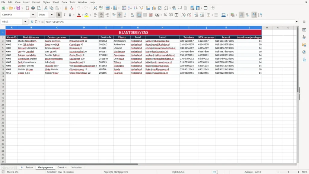 Klantgegevens – Factuur Excel – Gratis Sjabloon (2026)