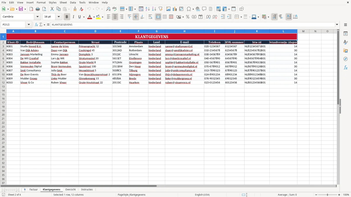 Screenshot 2: tabblad Klantgegevens - Excel-sjabloon factuur excel sjabloon