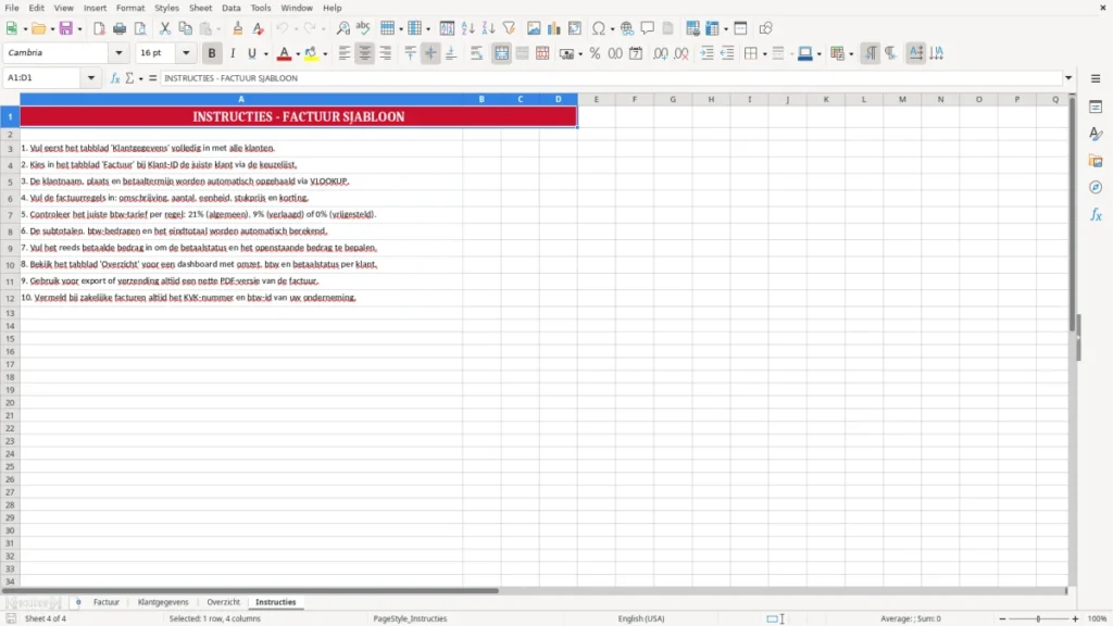 Instructies – Factuur Excel – Gratis Sjabloon (2026)
