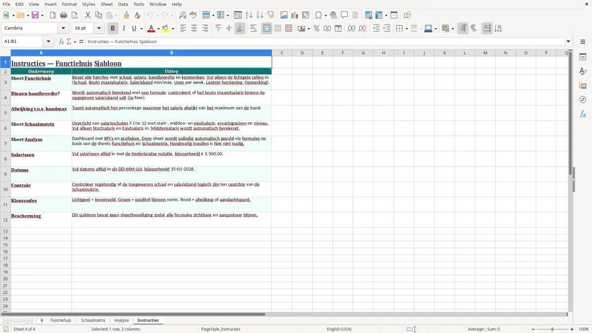 Screenshot 4: tabblad Instructies - Excel-sjabloon functiehuis overzicht excel sjabloon