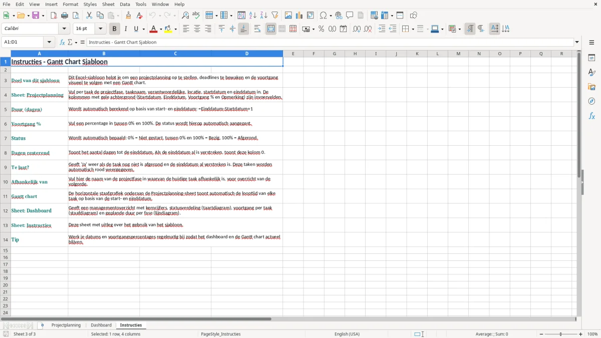 Screenshot 3: tabblad Instructies - Excel-sjabloon gantt chart excel sjabloon